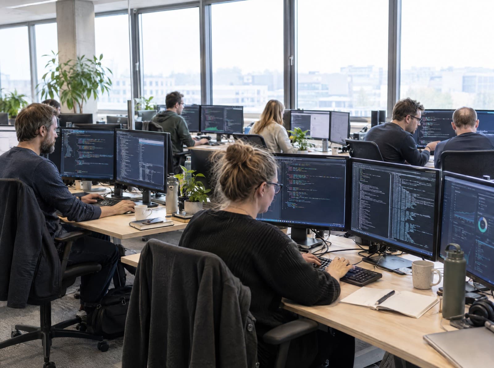 Mehrere Entwicklerinnen und Entwickler arbeiten an ihren Schreibtischen in einem hellen Grossraumbüro, jeder mit drei bis vier Bildschirmen voller Code, im Hintergrund eine unscharfe, nicht identifizierbare Stadtsilhouette durch die Fensterfront.
