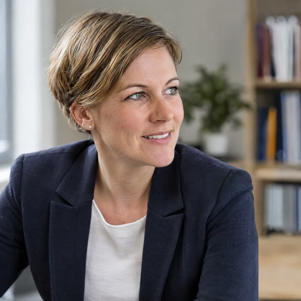 Porträt einer Frau Ende 30 mit kurzem dunkelblondem Haar und dunkelblauem Blazer, die im Büro leicht seitlich blickt und freundlich lächelt.